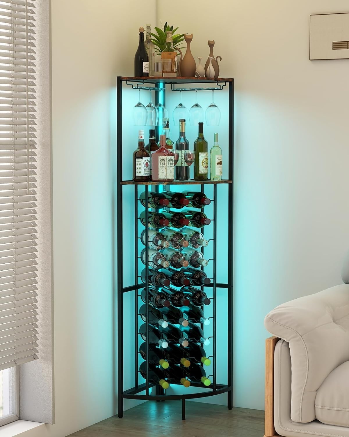 Corner Wine Rack Cabinet with LED Lights, 30 Bottle Storage & Glass Holder Bar