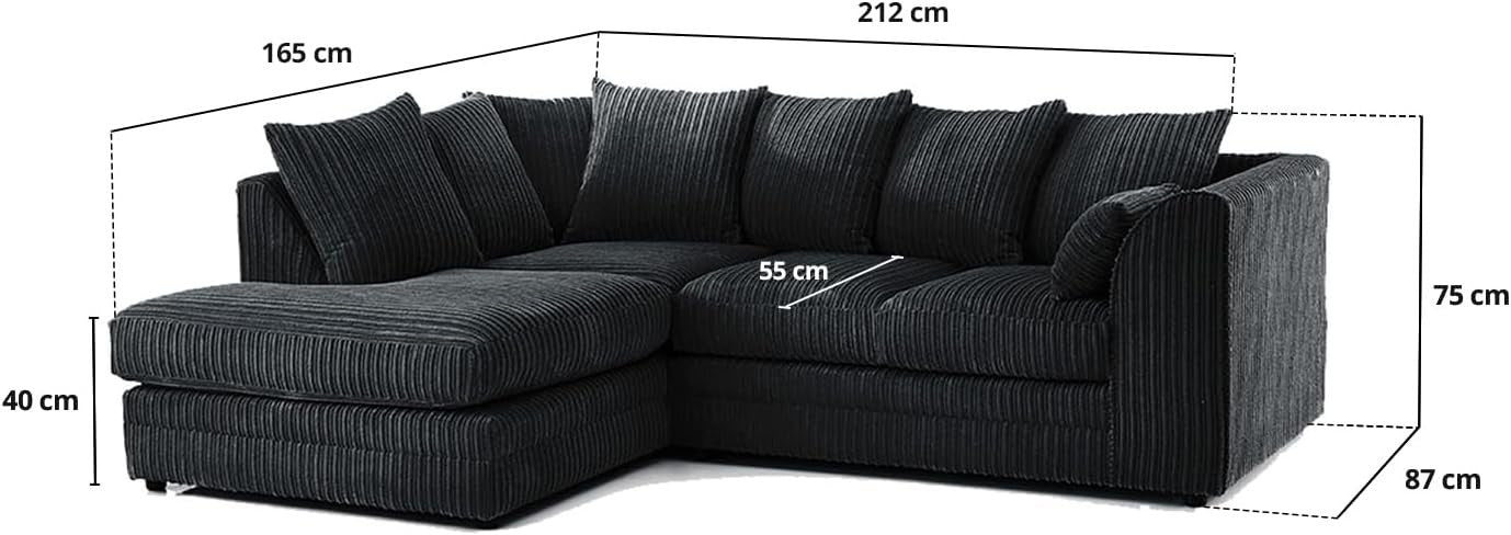 4 Seater Black Jumbo Cord Scatter Back Left Hand Corner Sofa with Deep Seats