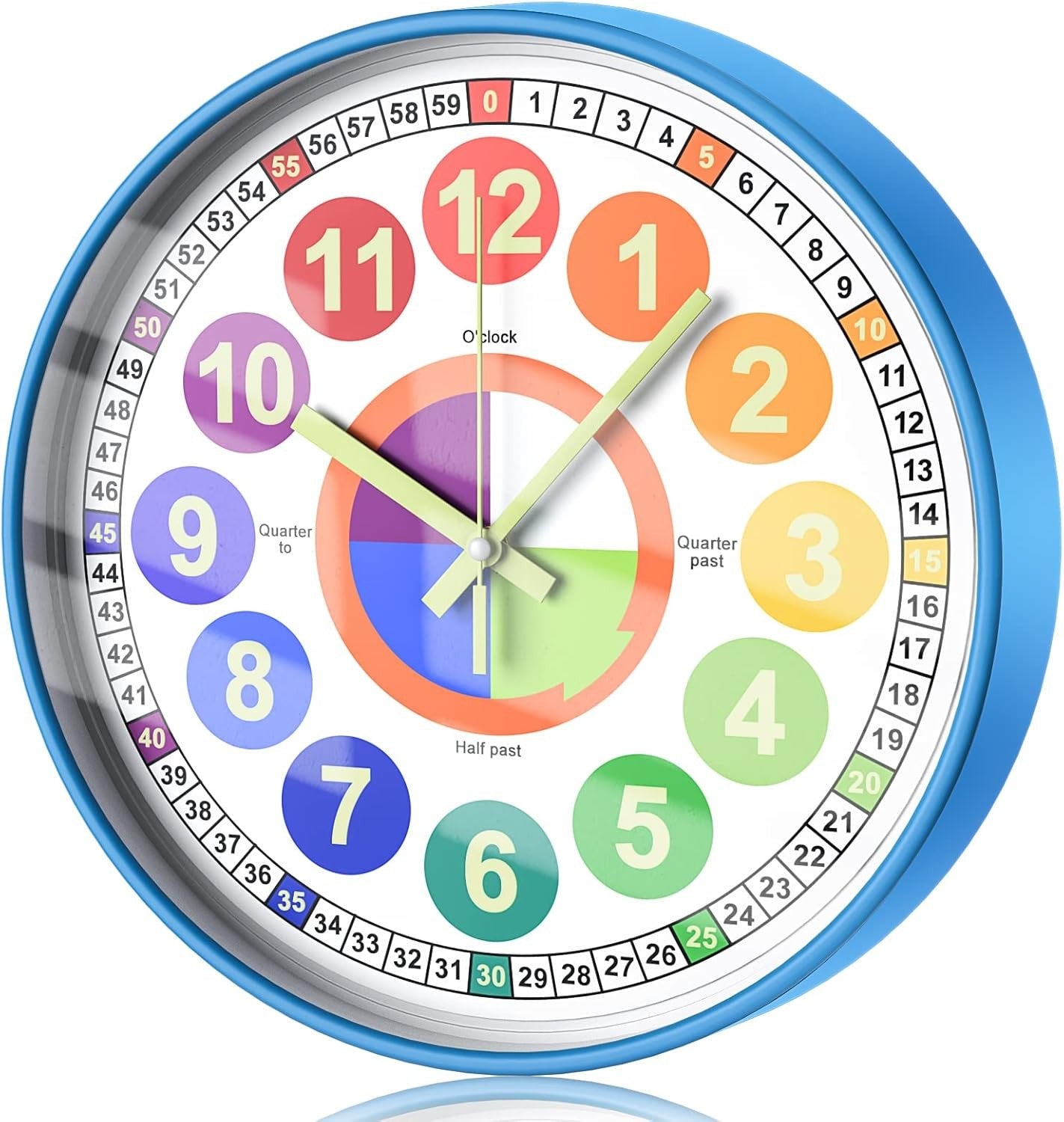 Kids Rainbow Learning Wall Clock 12" Silent Colourful Teaching Time Clock Bedroo