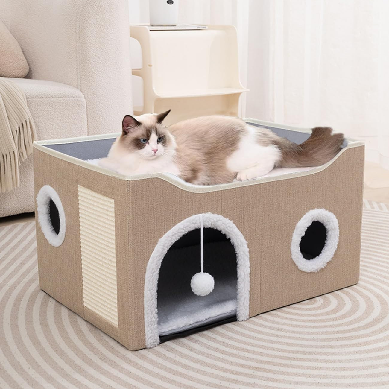 Foldable Cat House Cave Bed 2 Tier Cat Condo w Scratch Board Khaki