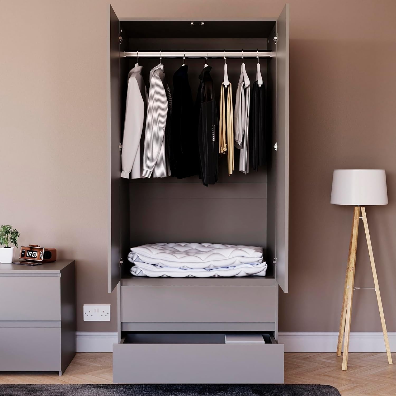 Modern 2 Door Grey Wardrobe with 2 Drawers & Versatile Hanging Rail Storage