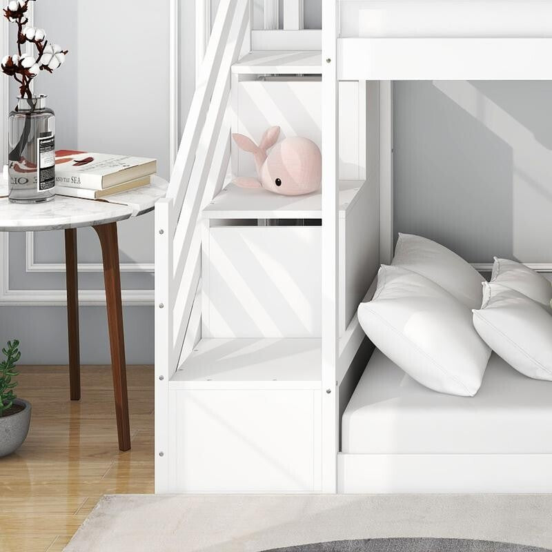 Kids Bunk Bed with Slide & Stairs White Pine Frame Storage Drawers 90x190cm