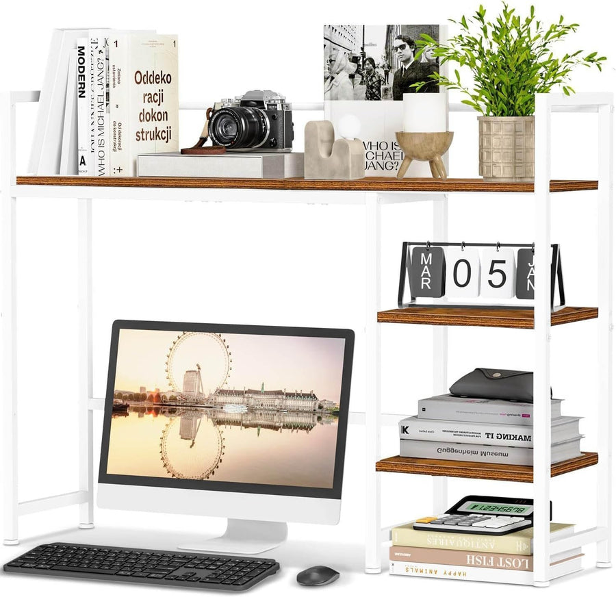4-Tier Wood Metal Desktop Bookshelf Desk Hutch Monitor Stand Organizer 98cm