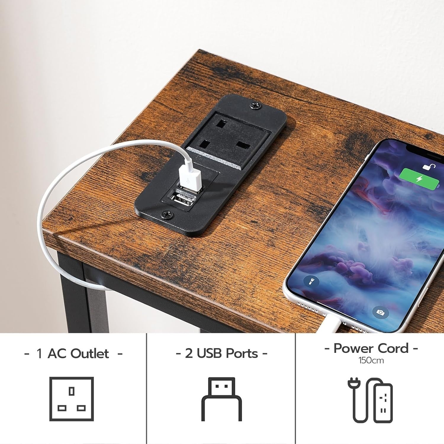 Slim Console Table with Charging Station | Power Outlet | Rustic Brown & Black