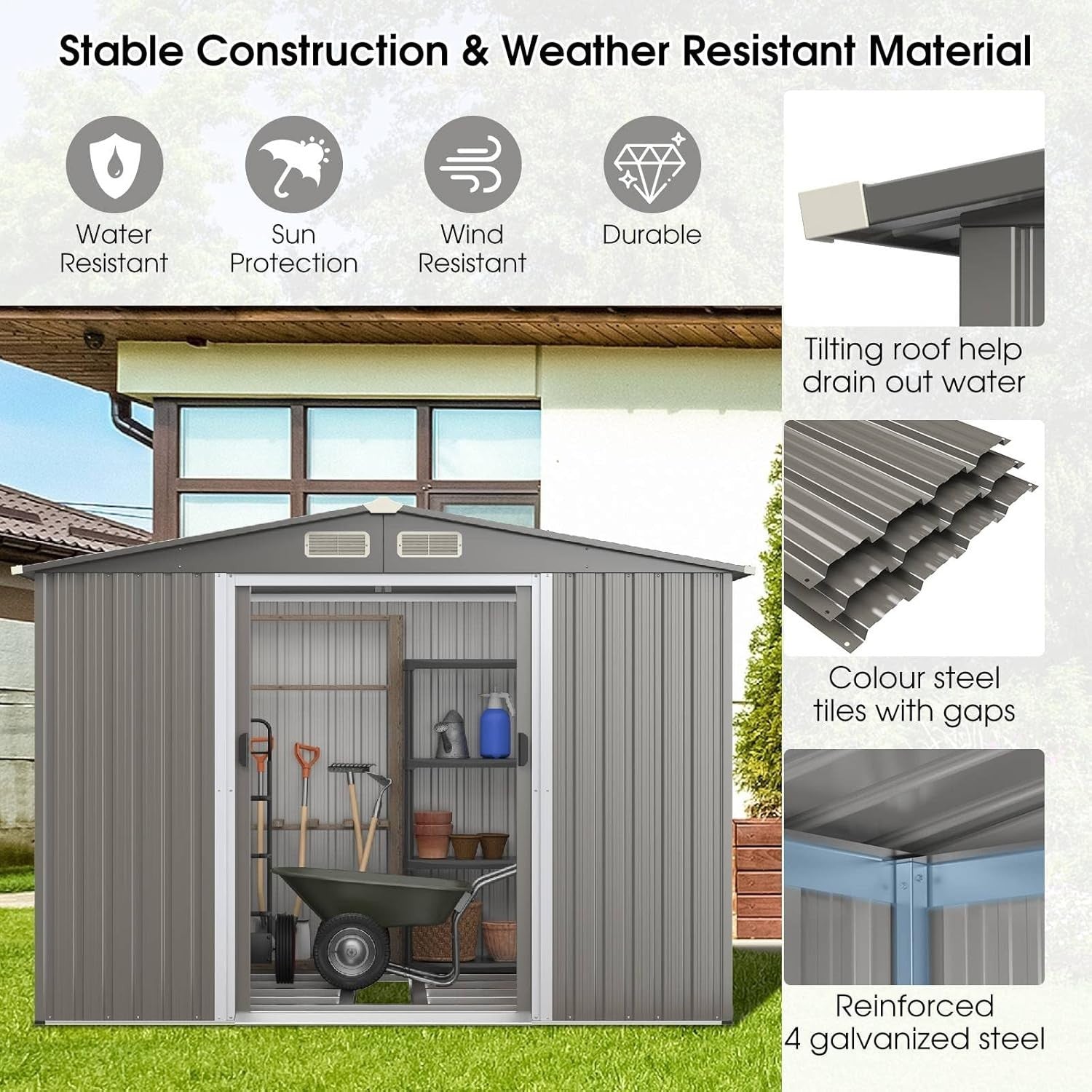 8.5x7FT Metal Garden Shed with Double Sliding Doors & Floor Foundation