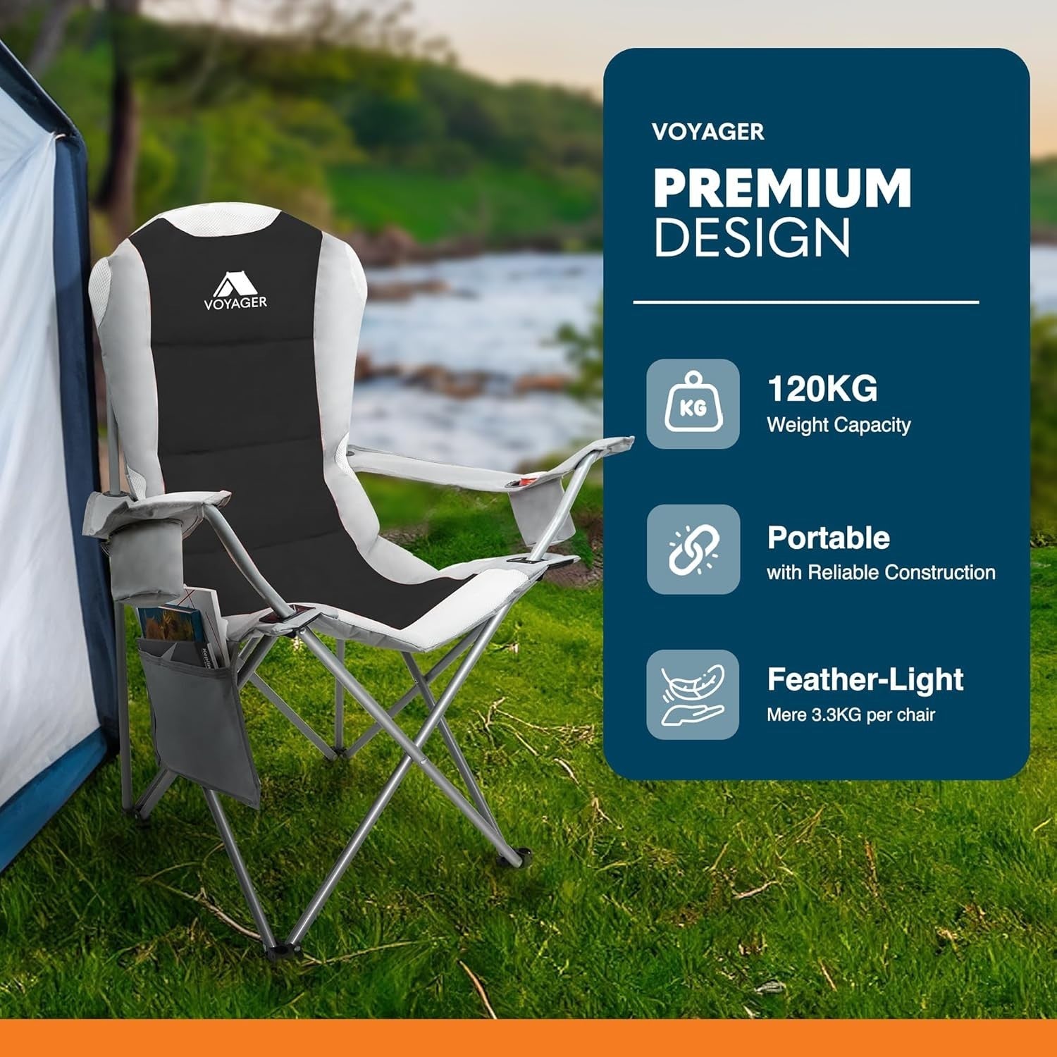 Premium Foldable Padded Camping Chair with Cup Holder & Side Pockets