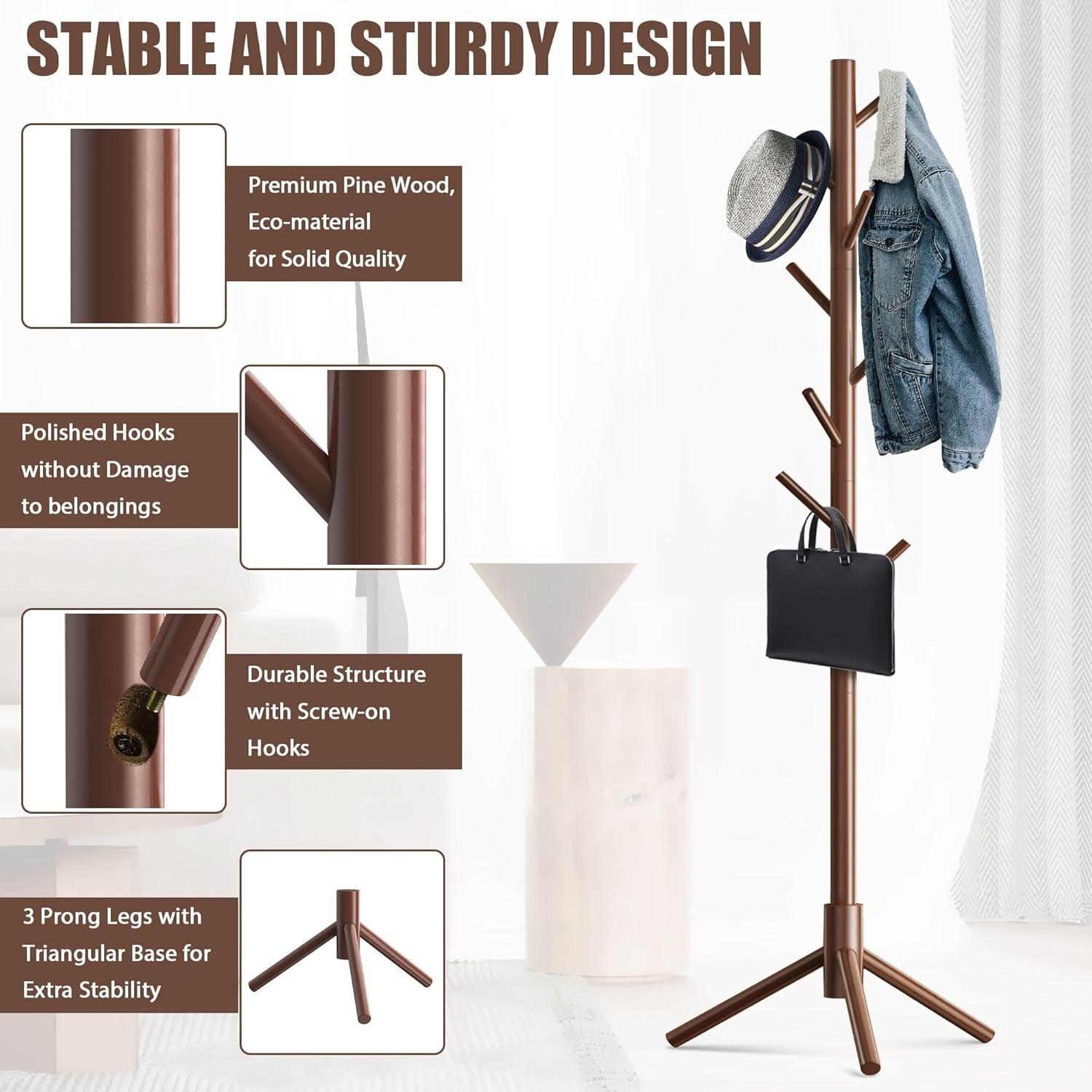 Wooden Coat Rack Stand with 8 Hooks Adjustable Pine Hallway Clothes Tree
