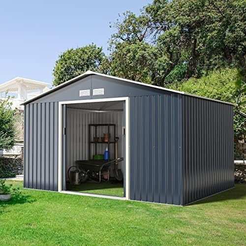 Metal Garden Shed 11x8FT Outdoor Storage with Sliding Doors & 4 Air Vents Grey