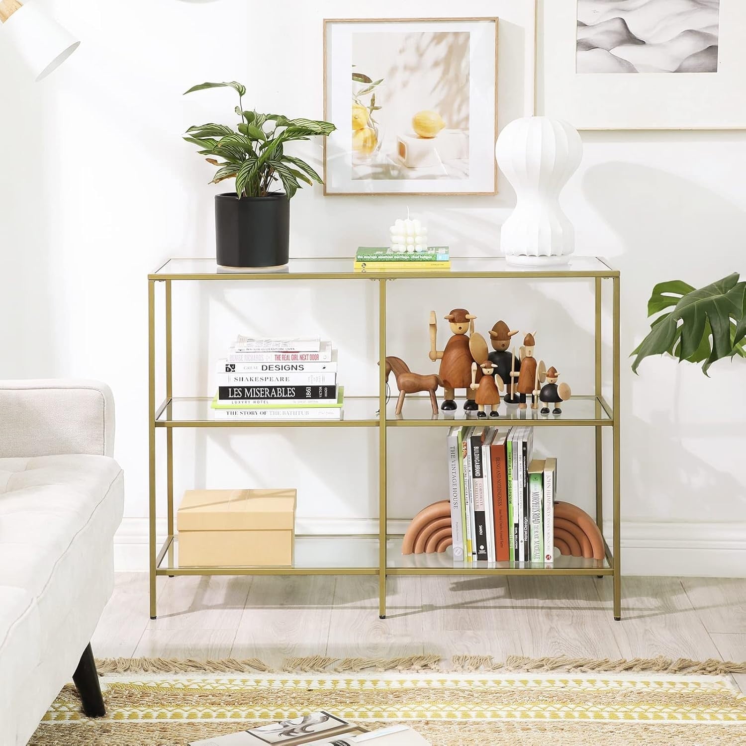 Gold Console Table with Glass Shelves, 3 Tier Storage, 100x30x73cm