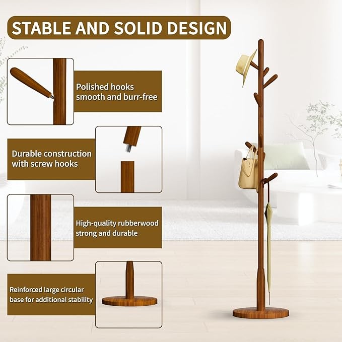 Brown Wood Coat Rack 8 Hooks Round Base Freestanding Hall Tree Stand