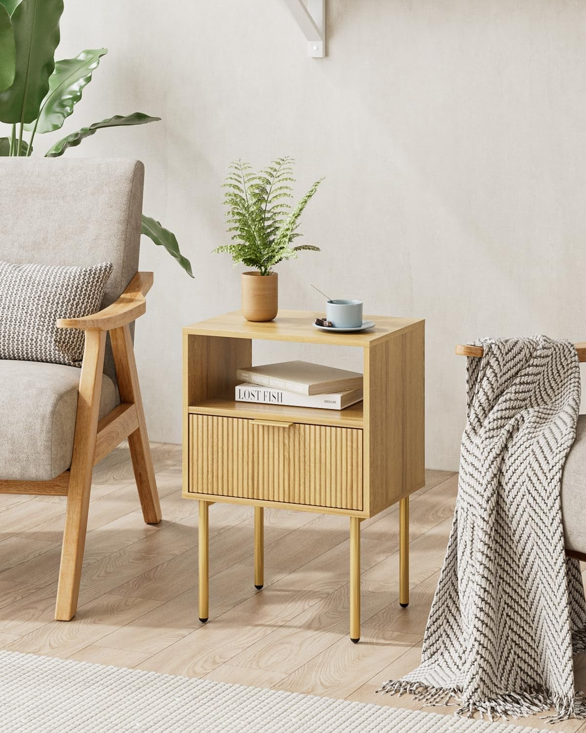 Oak Bedside Table with Drawer & Open Shelf | Modern Wooden Nightstand