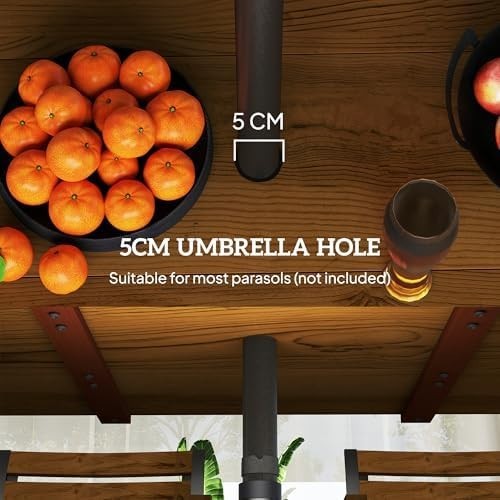 7 Piece Garden Dining Set Wooden Patio Table & 6 Chairs Parasol Hole