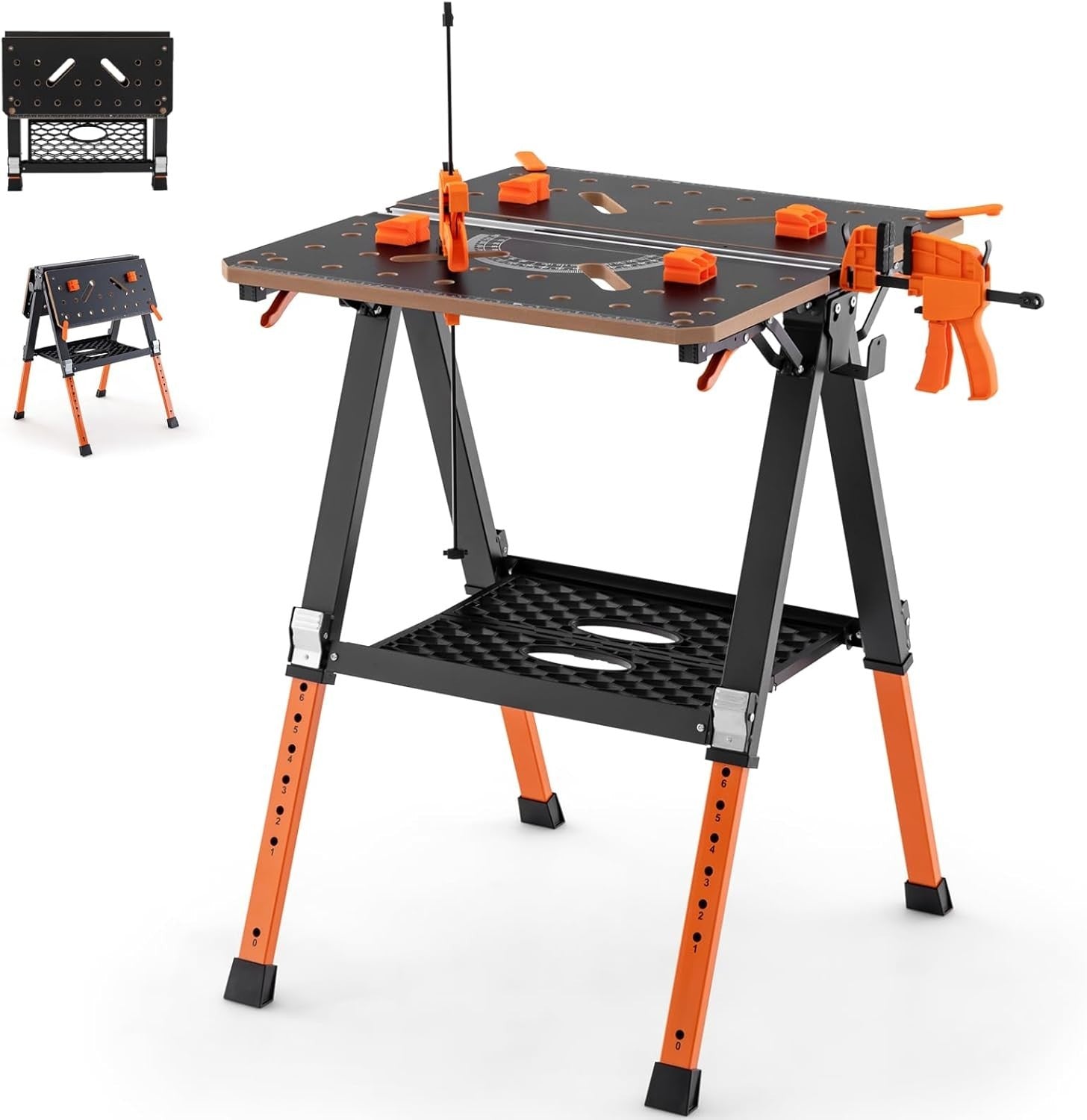 Folding Workbench 8-Height Adjustable Flip-Top Table with Clamps & Shelf