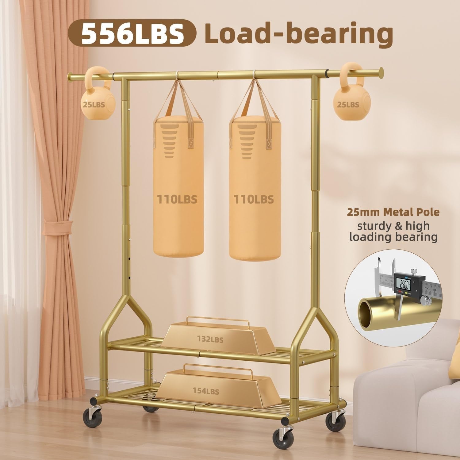 Gold Heavy Duty 252KG Clothes Rail With Shelves & Wheels