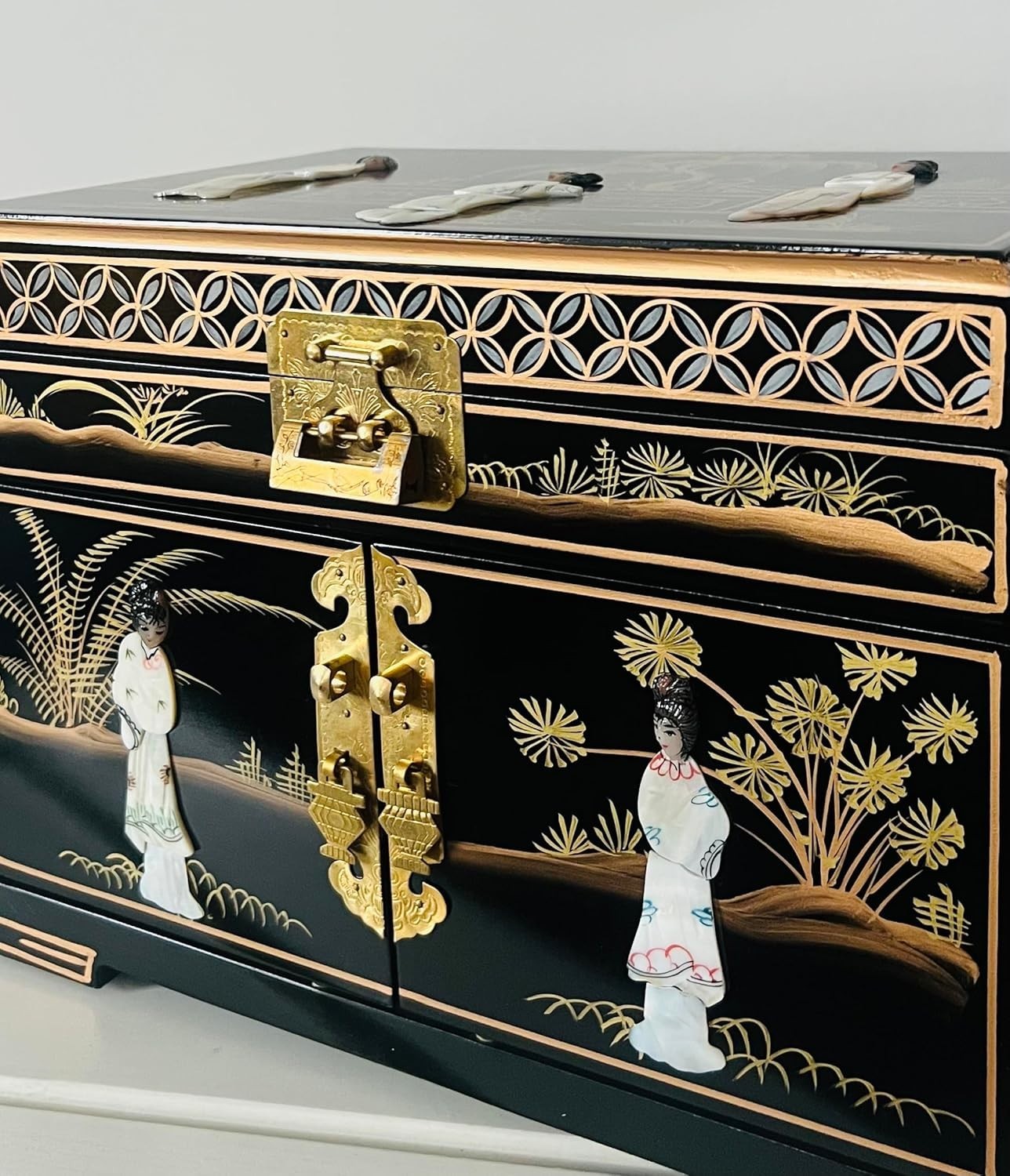Black Chinese Jewellery Box Hand Painted Mother of Pearl Lockable