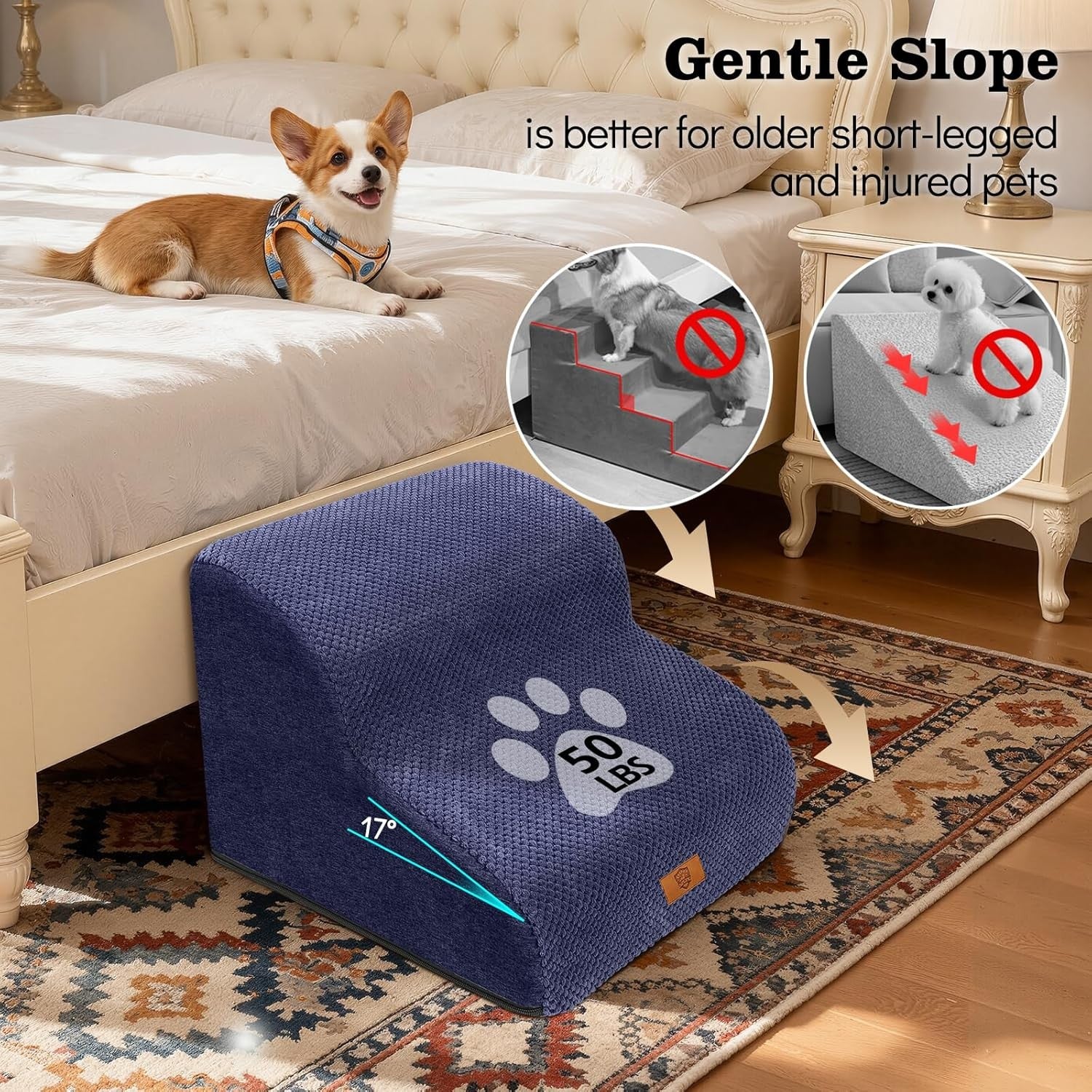 2 Step Dog Ramp for Sofa Bed Non Slip Washable Blue 40x40x30cm
