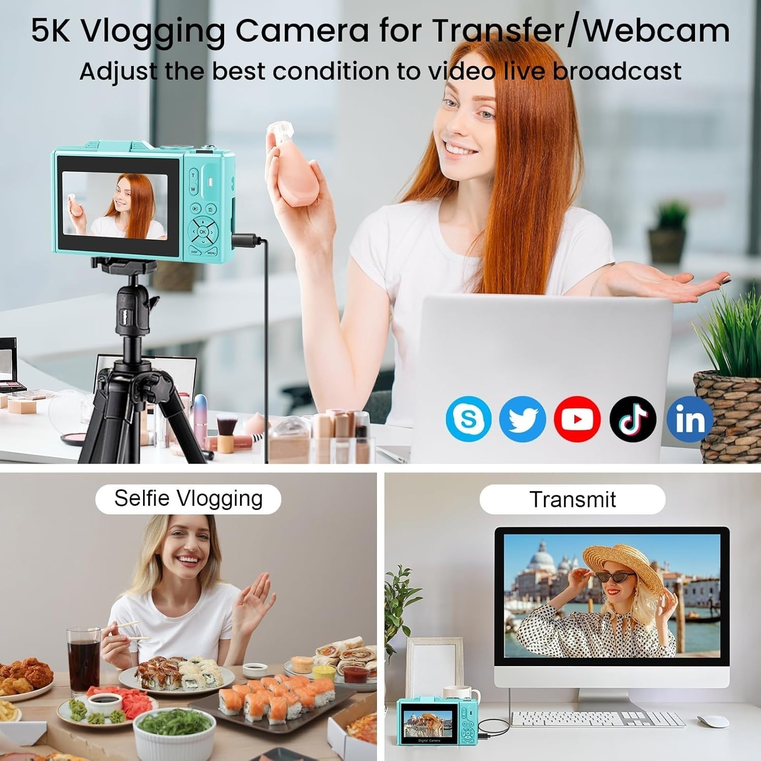 5K 75MP Vlogging Camera WiFi Flip Screen Zoom Camera Blue 64GB