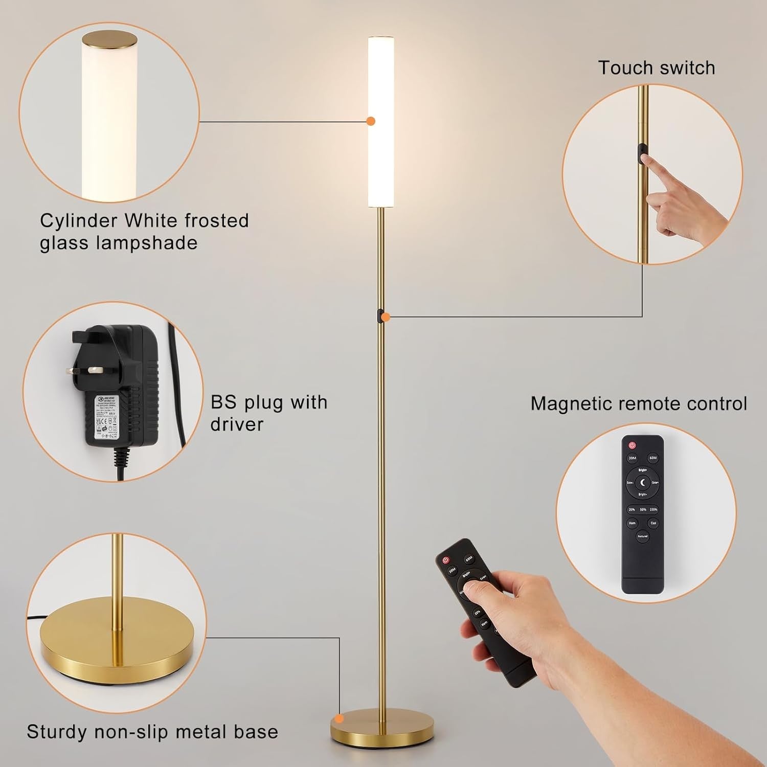 LED Floor Lamp Gold Dimmable Standing Light Remote Touch 3 Colour Modes