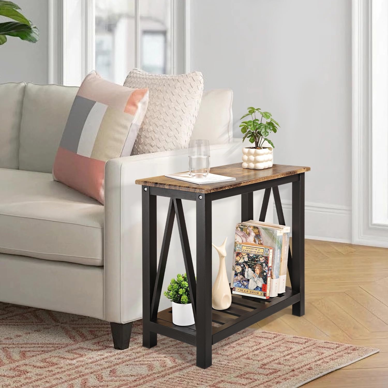 Narrow Industrial Side Table with Storage Shelf, Compact Sofa Nightstand