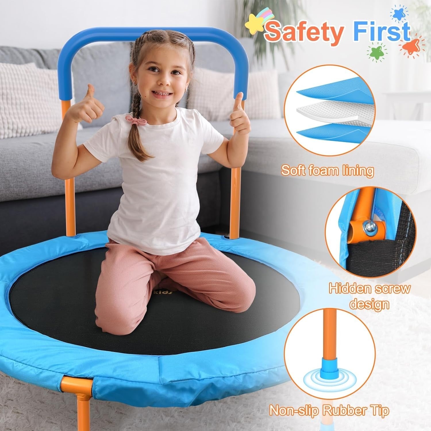 36” Toddler Mini Trampoline w Foam Handle Quiet Indoor Outdoor Play