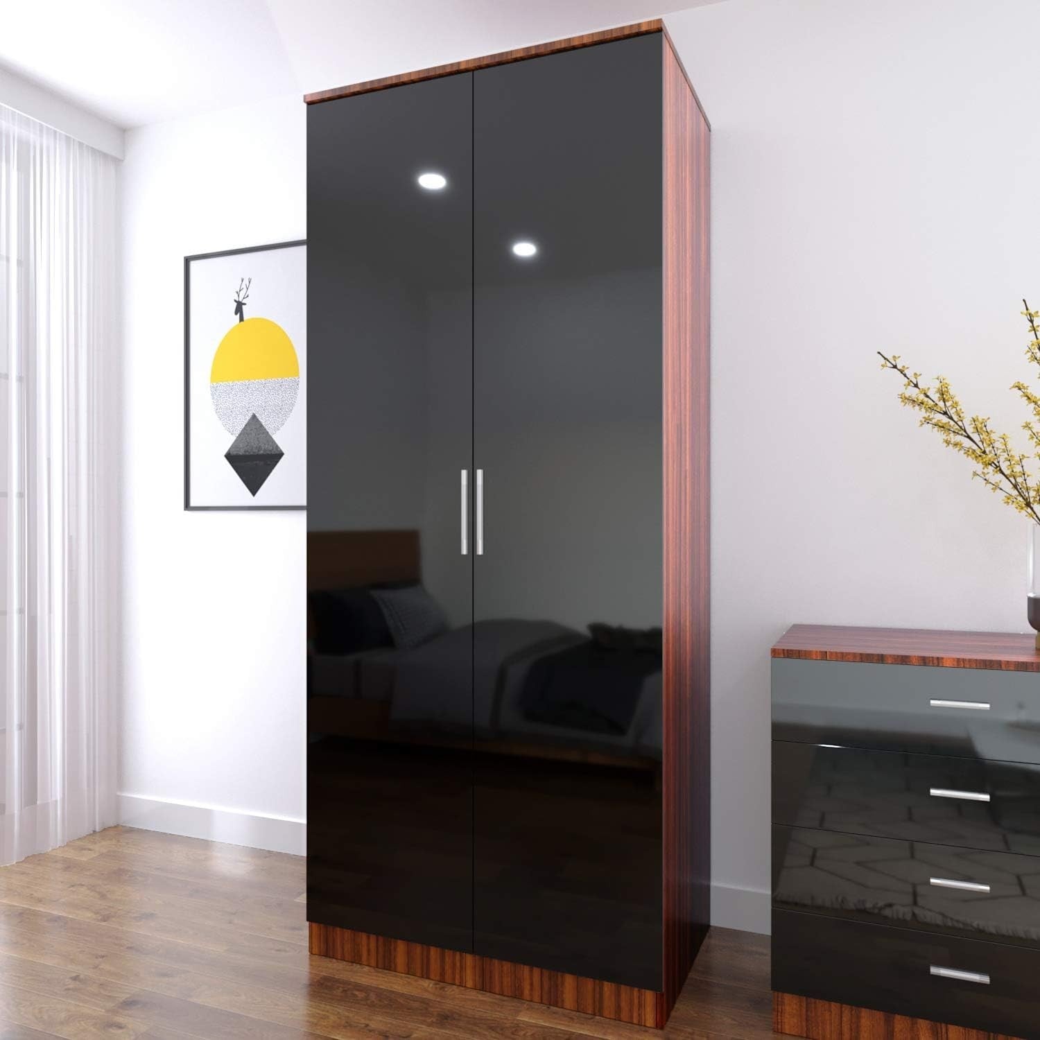 2 Door Wardrobe High Gloss Black Walnut Soft Close Modern Bedroom Storage