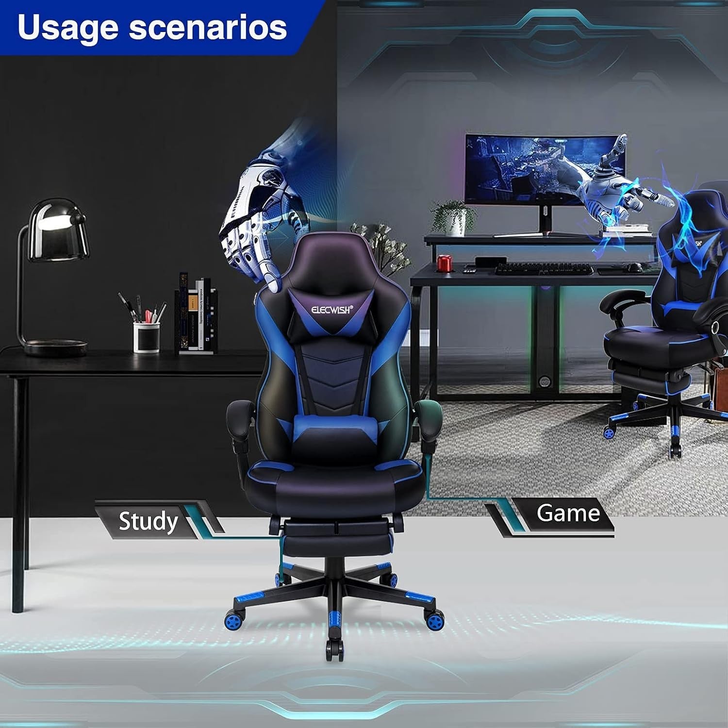 Racing Gaming Chair w/ Footrest Reclining PU Leather Black Blue