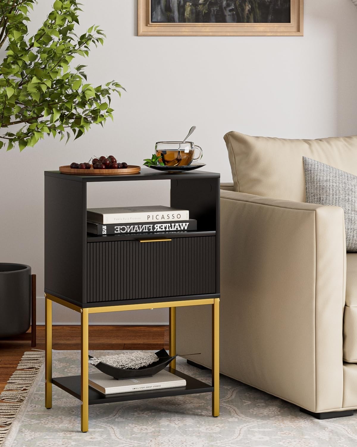 Modern Black Bedside Table with Gold Legs – 3-Tier Fluted Storage Nightstand