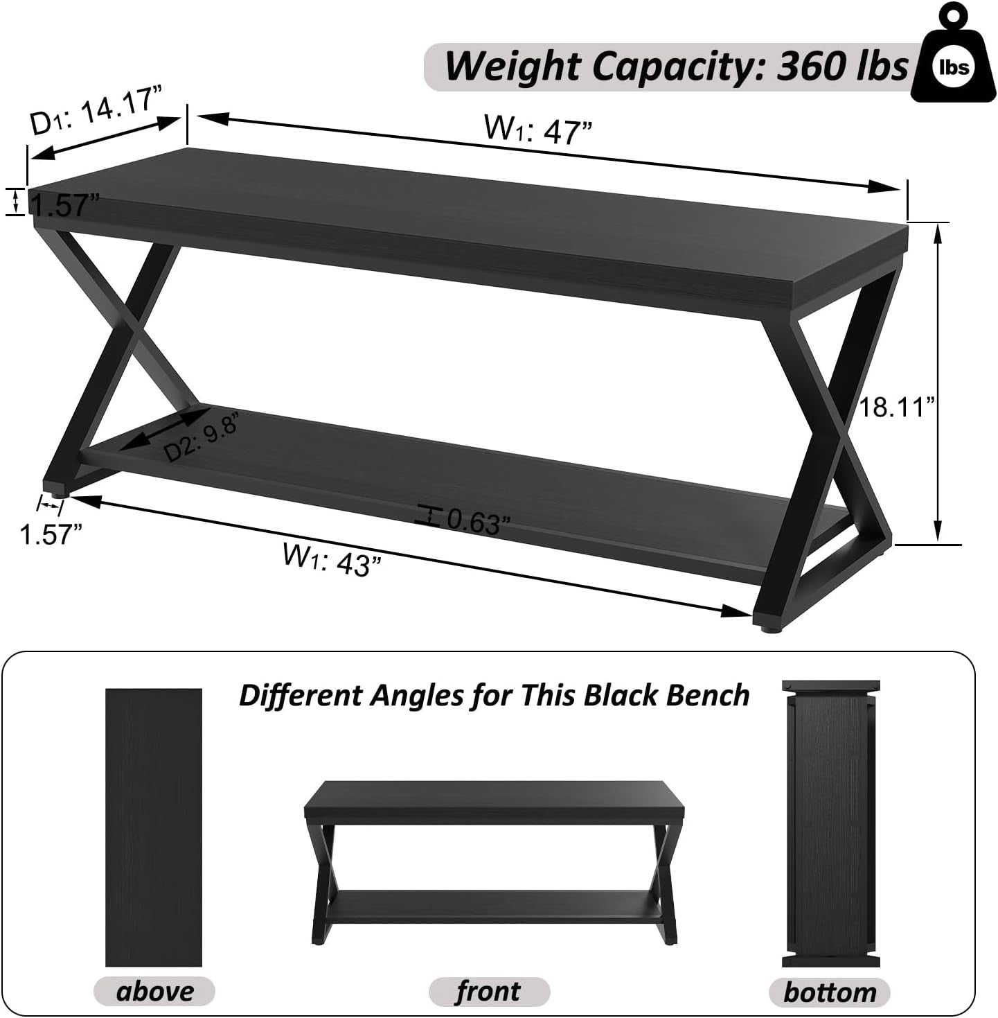 Black Oak 120cm Modern Entryway Bench with Open Storage Shelves