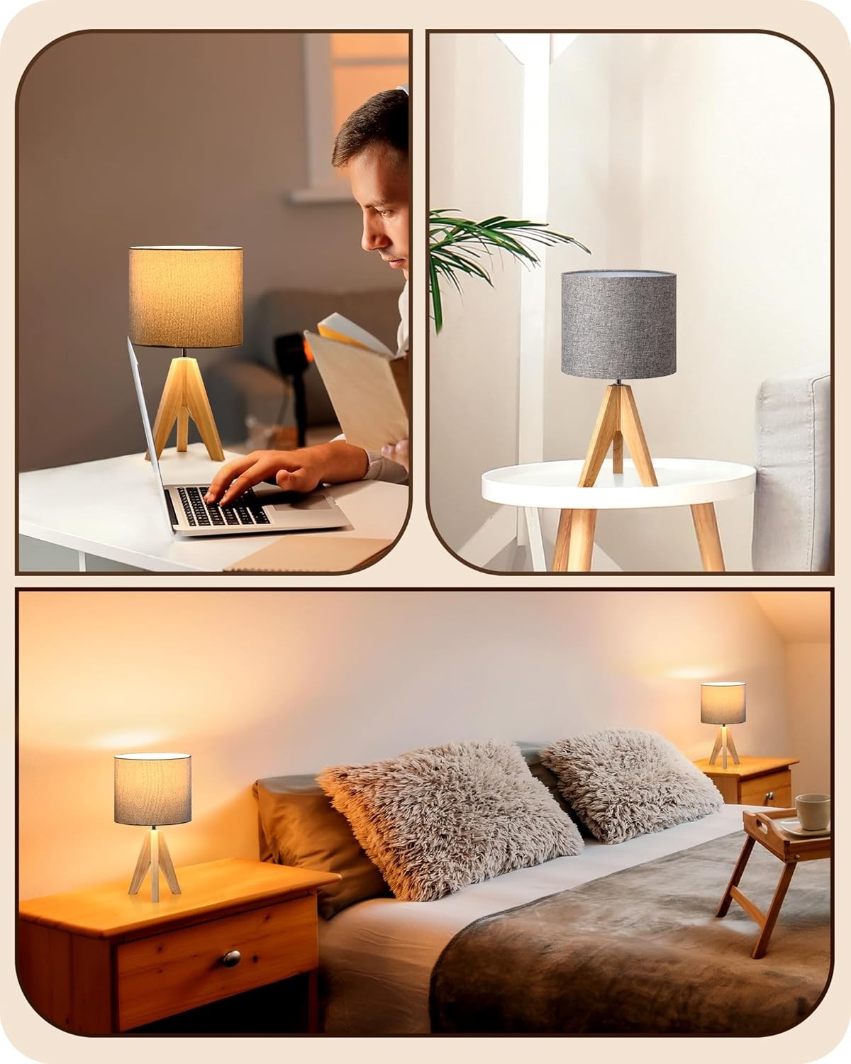 Tripod Bedside Table  Grey Linen Shade Wooden Base Modern Desk Light 36cm