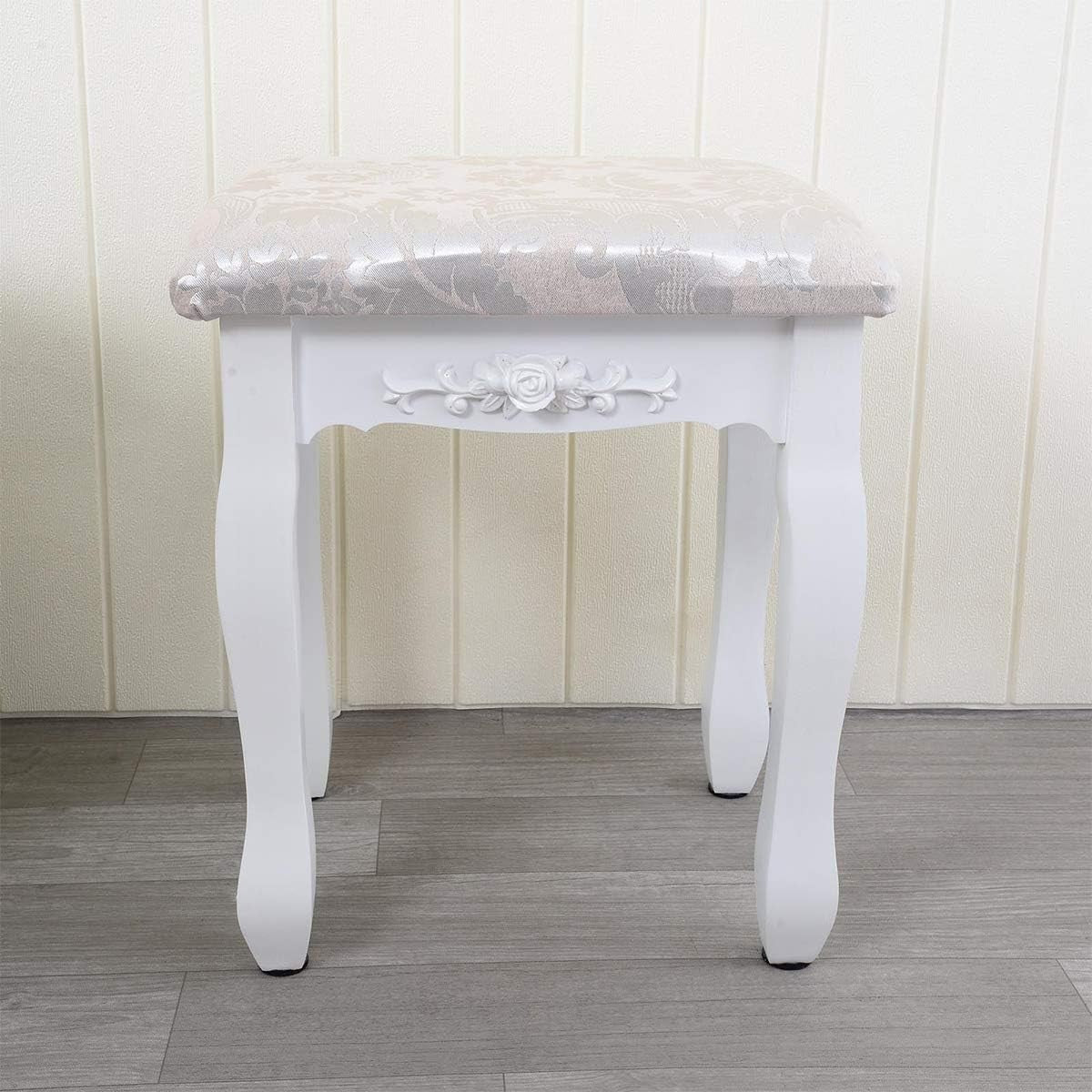 White Baroque Vanity Stool with Rubberwood Legs – Elegant Dressing Chair