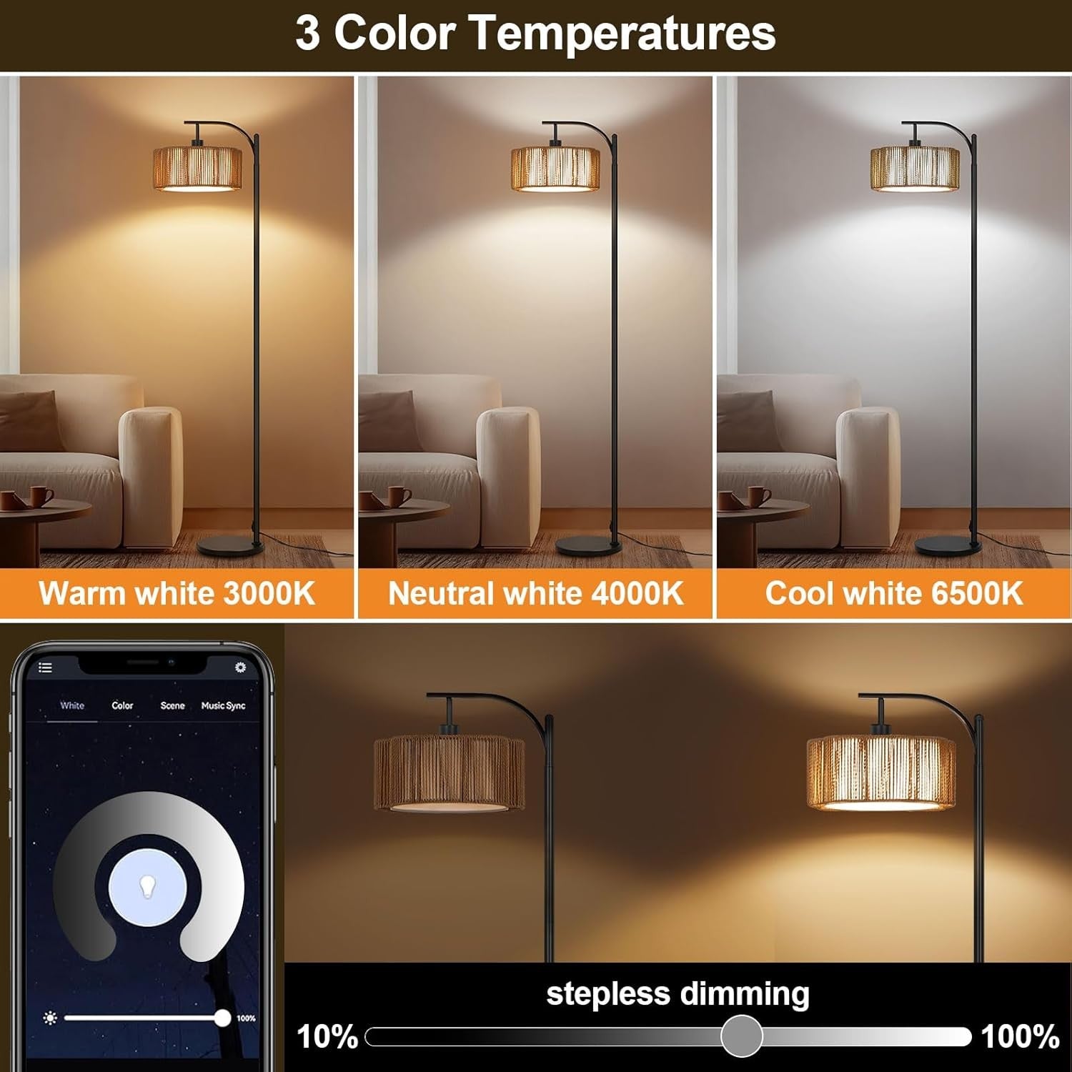 RGB Dimmable Floor Lamp Remote App Control Rattan Shade Music Sync E27