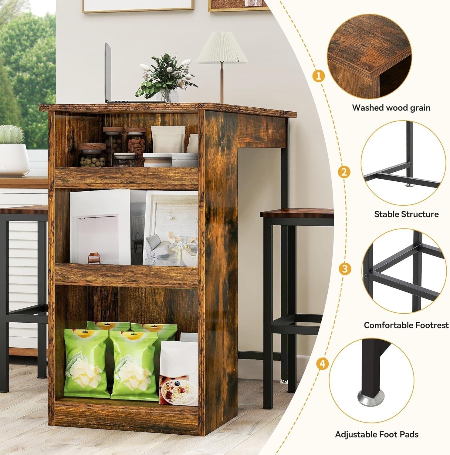 Rustic Brown Bar Table Set with 2 Stools Industrial Wood Top Storage Shelves