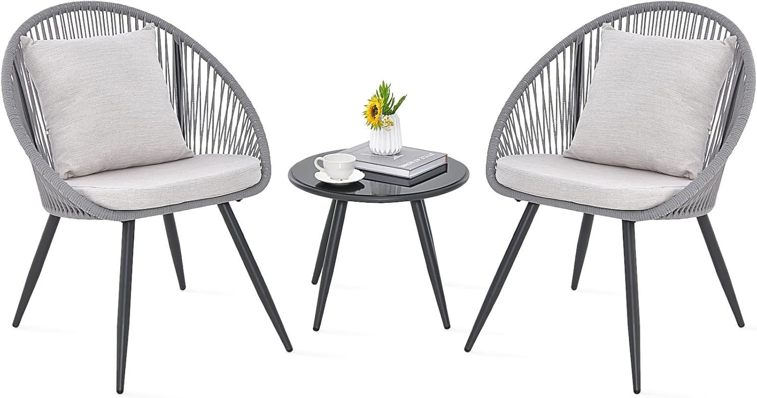 3pc Outdoor Rattan Bistro Set Chairs & Glass Table for Patio Garden