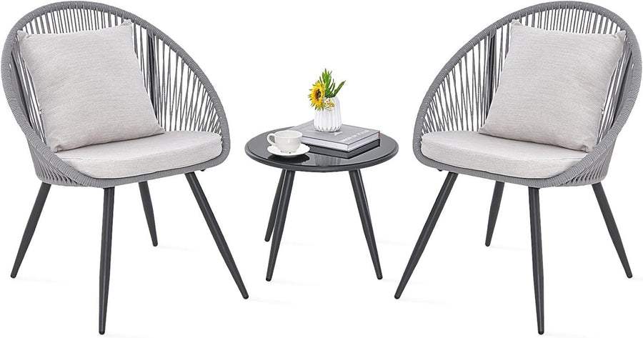 3pc Outdoor Rattan Bistro Set Chairs & Glass Table for Patio Garden