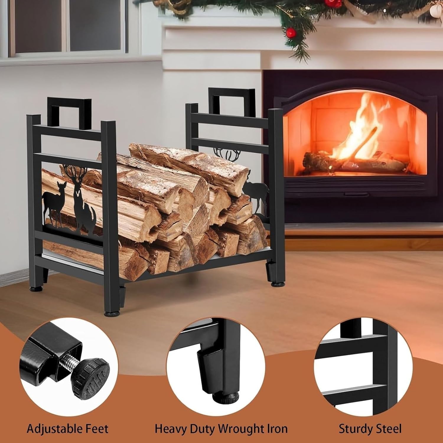 Firewood Log Holder Indoor Outdoor Rack Black Steel Sturdy Elk Design