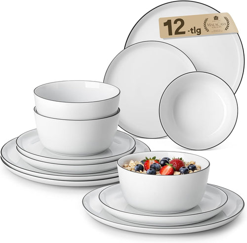 12pc Porcelain Dinnerware Set Plates Bowls Black Rim Microwave Safe