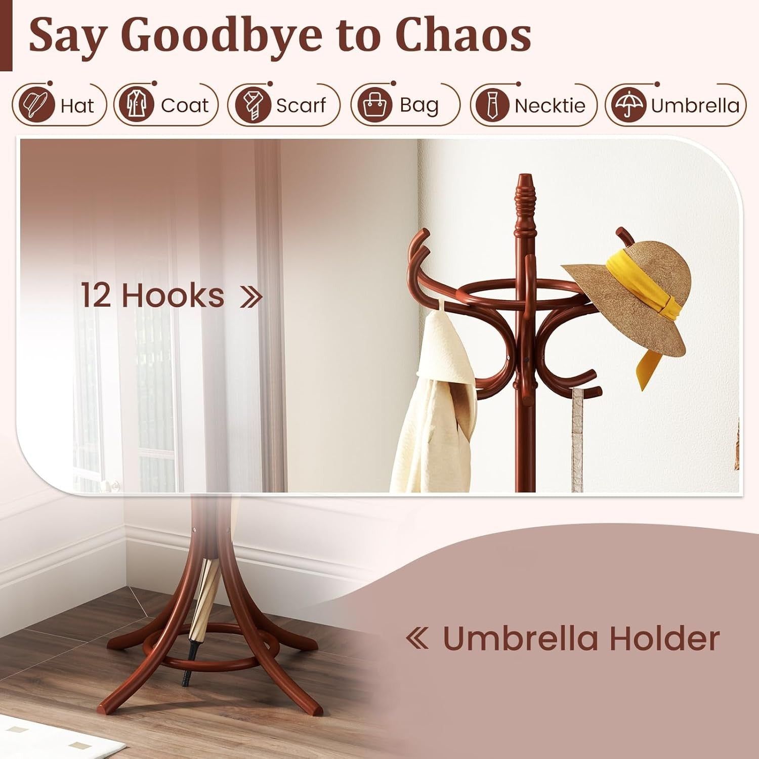 Wooden Coat Rack Stand 12 Hooks & Umbrella Holder | 73” Freestanding Hall Tree