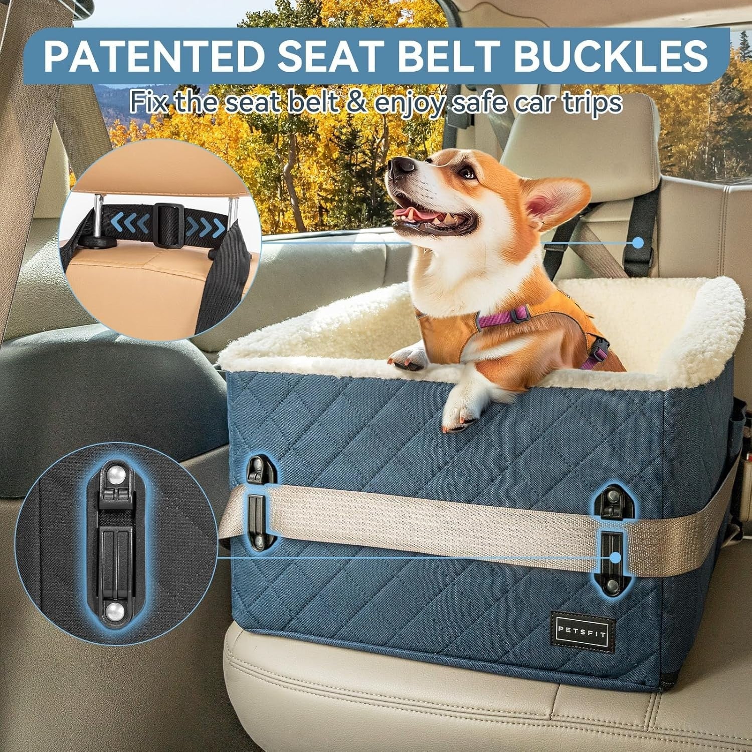 Elevated Dog Booster Car Seat Pet Travel Bed Safety Leash 30lbs Blue