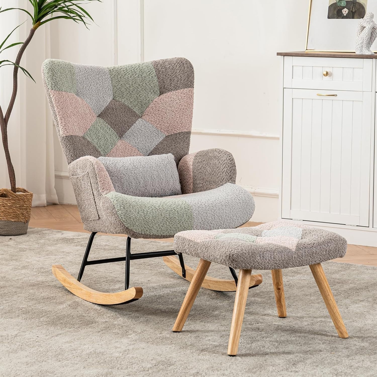 Patchwork Rocking Chair with Ottoman | Ergonomic Comfort & Solid Wood Legs