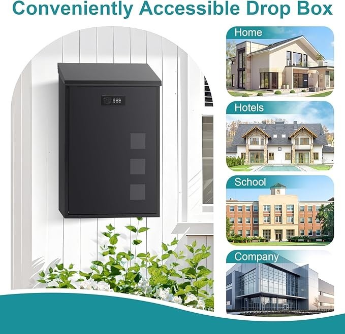 Wall Mounted Steel Mailbox Black Combination Lock Weatherproof 40x25x10cm