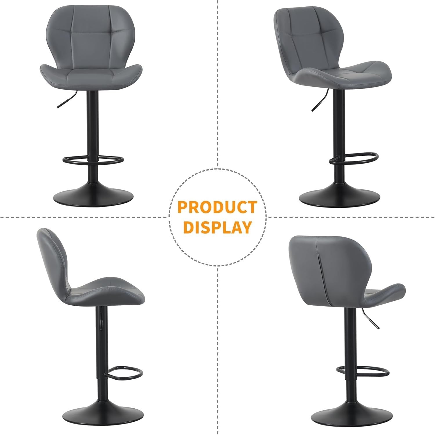 Grey Adjustable PU Leather Bar Stools Set of 2 – Swivel & Height Adjustable