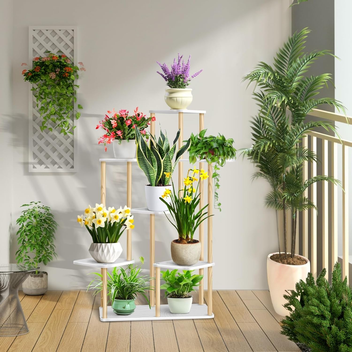 7 Tier Wooden Plant Stand Indoor Outdoor Multi Pot Flower Rack Display Shelf
