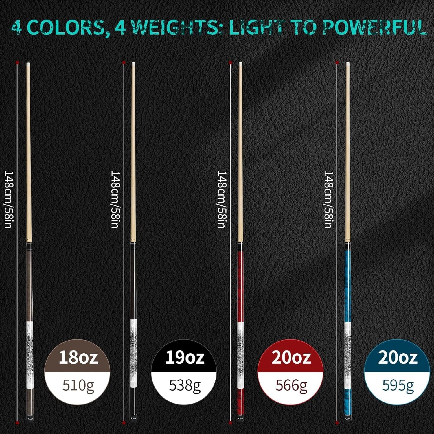 58in Low Deflection Pool Cue 19oz Maple Shaft 13mm Tip Grip