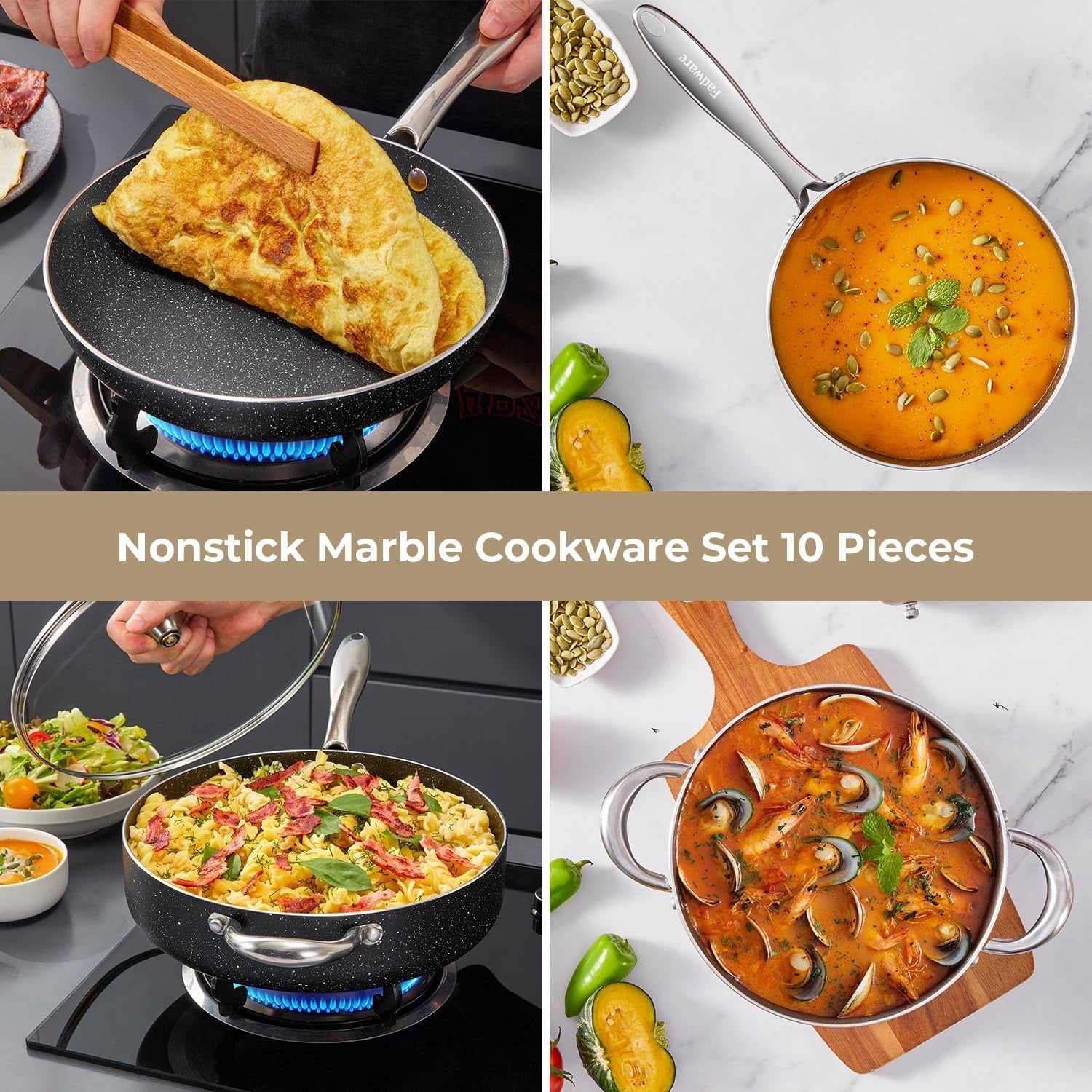 10pcs Black Non-Stick Cookware Set, Induction & Oven Safe Large Capacity Pans