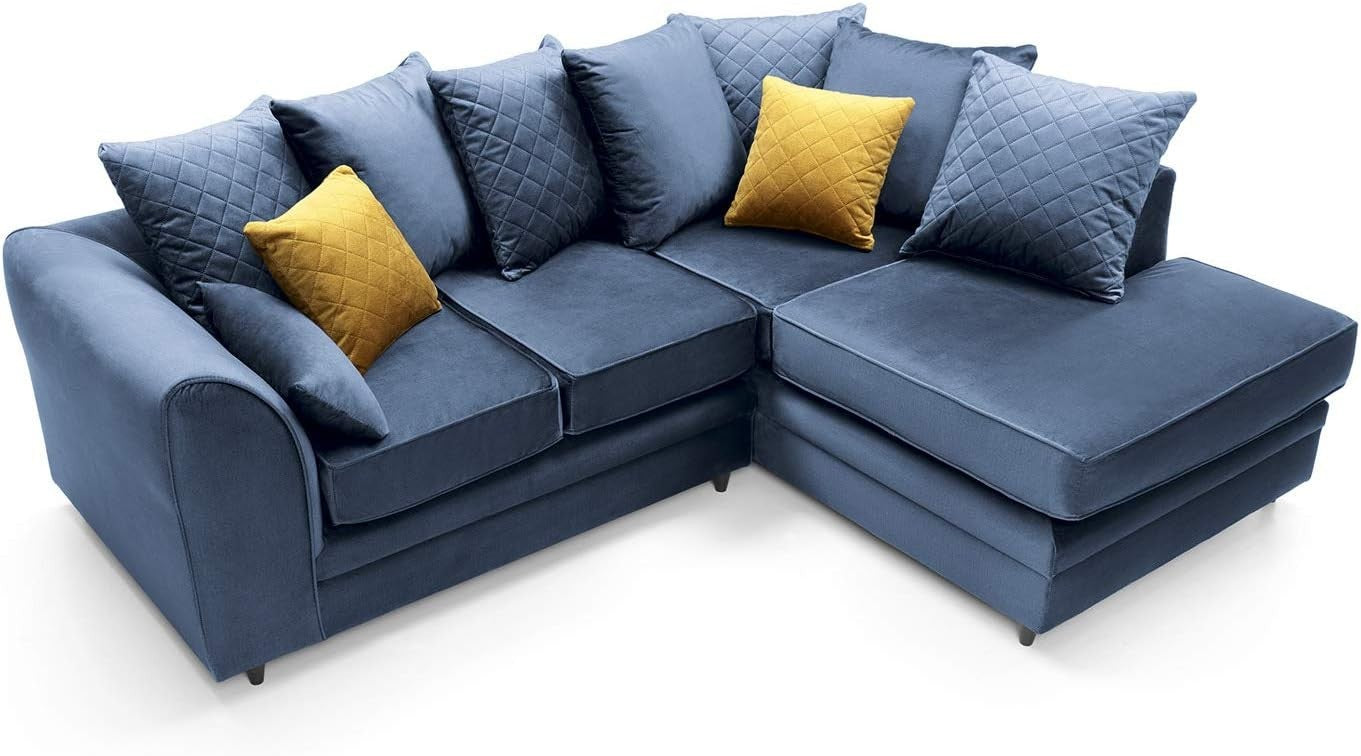 Dark Blue Velvet L-Shaped Corner Sofa Water-Repellent 3 Seater Right Hand