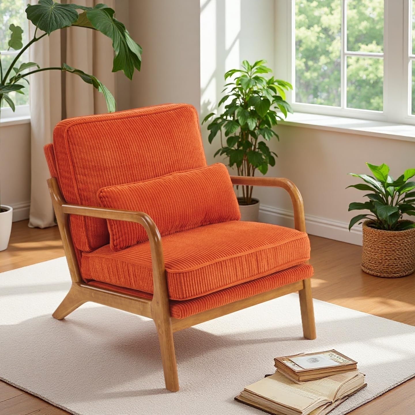 Orange Corduroy Accent Armchair Solid Wood Lounge Chair w Cushion