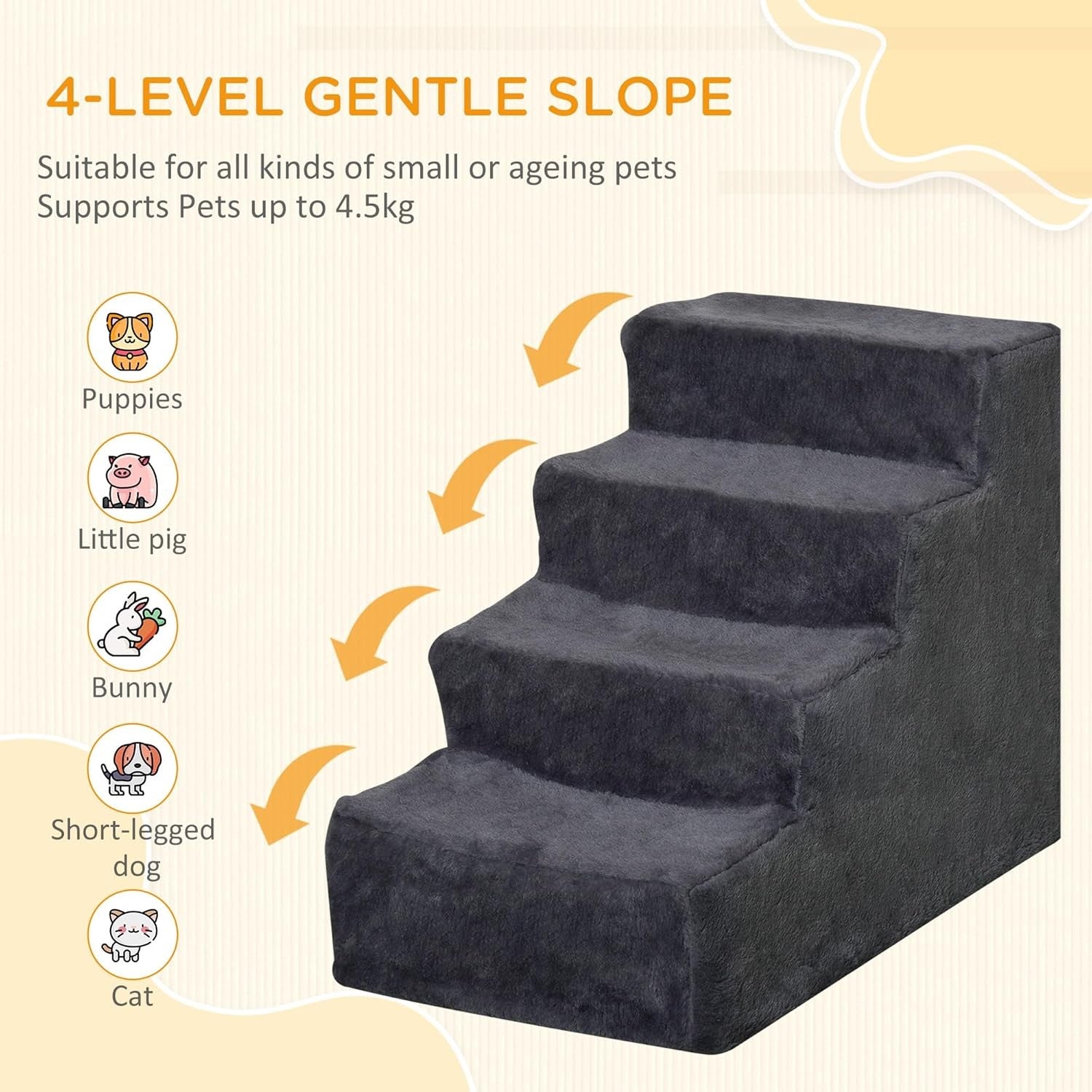 4 Step Dog Stairs Foam Ramp Non Slip Dark Grey 63x43x60cm