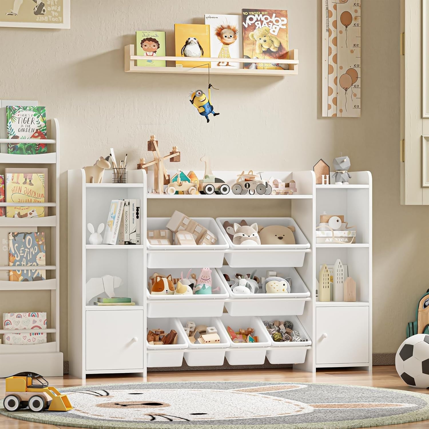 Kids Toy Storage Organizer with 8 Removable Bins, Shelves & Cabinets - White