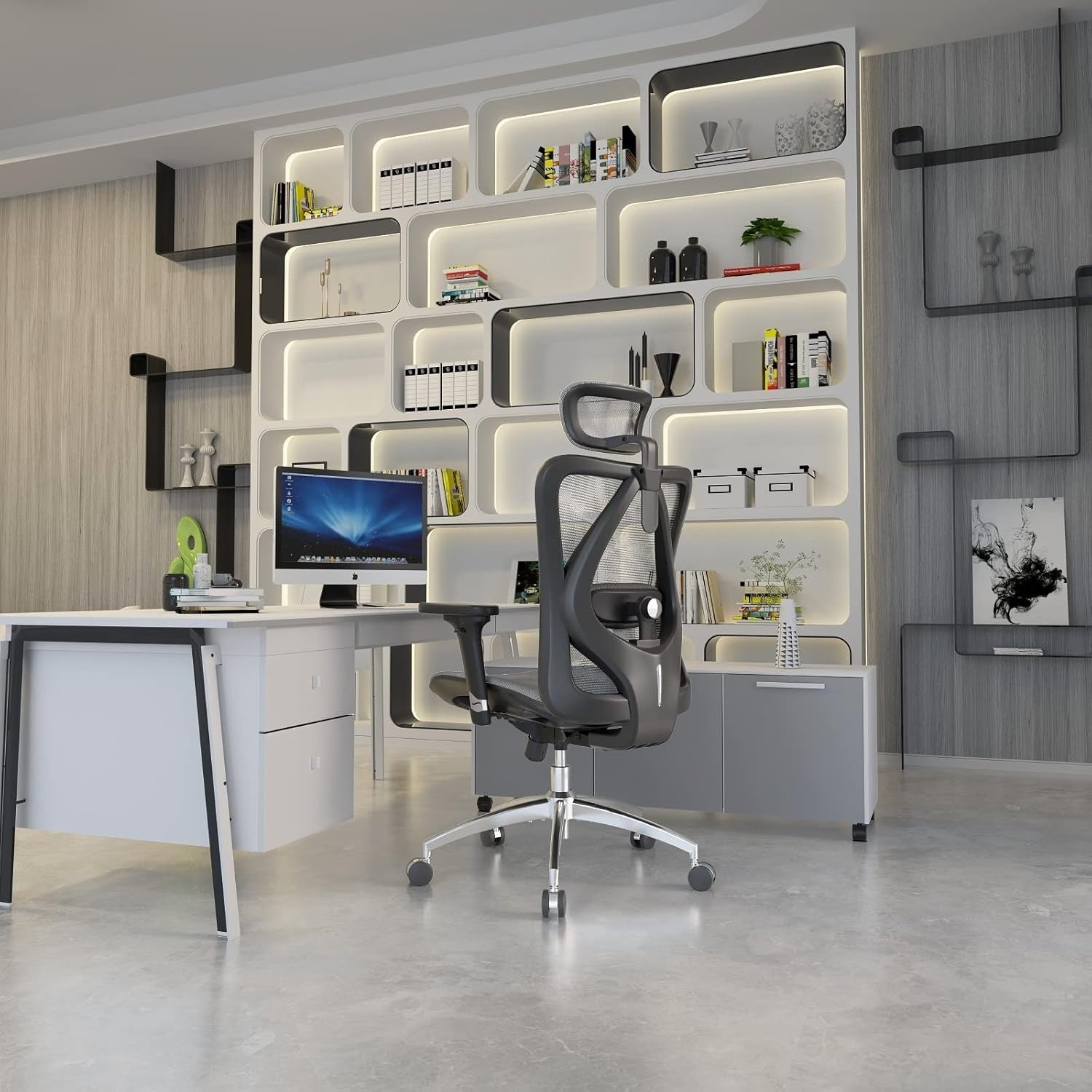 Ergonomic Office Chair Light Gray Mesh Back 3D Armrest Adjustable Headrest