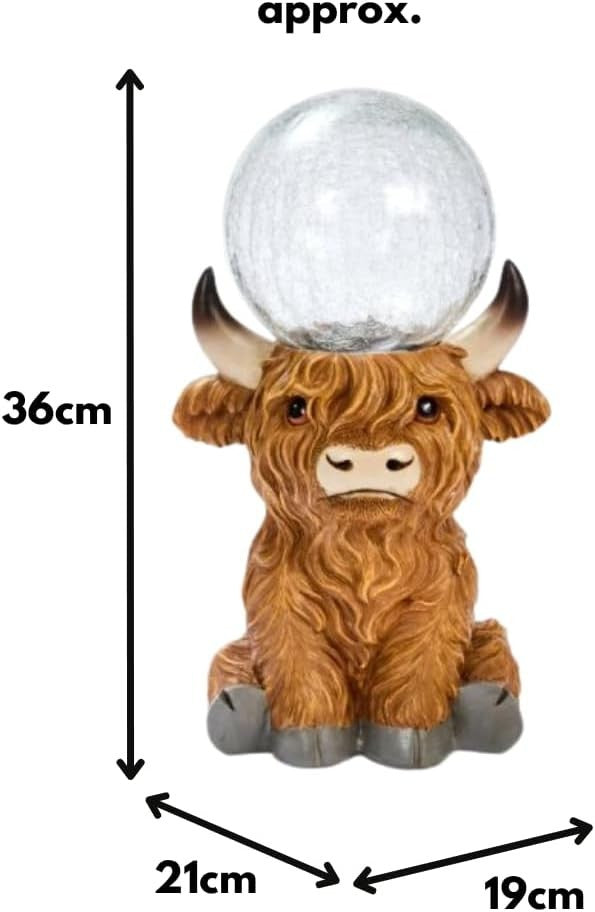 Solar Highland Cow Garden Ornament with LED Crackle Ball Resin Outdoor Statue